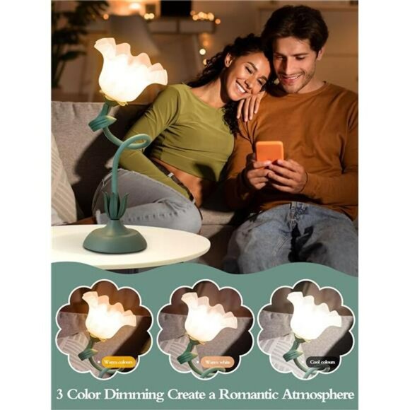 Flower Table Lamp LED Night Light Bedside Desk Lamp 3 Color Modes Green Decor - Picture 3 of 7